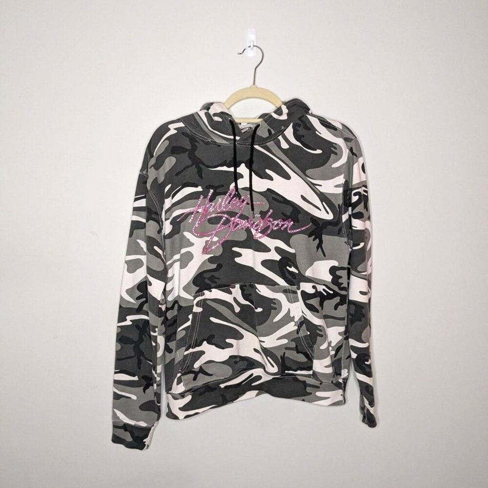 Harley Davidson Camo Black Grey Hoodie Sweatshirt Rhinestone Women's M Medium